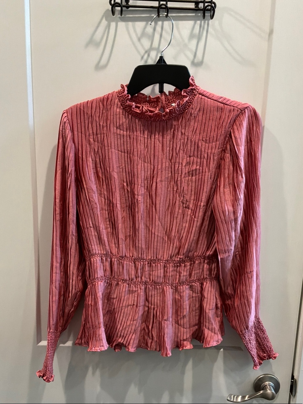 Est 1946 Smocked Waist Ruffle-Neck Long Sleeve Blouse Rose Pink Medium